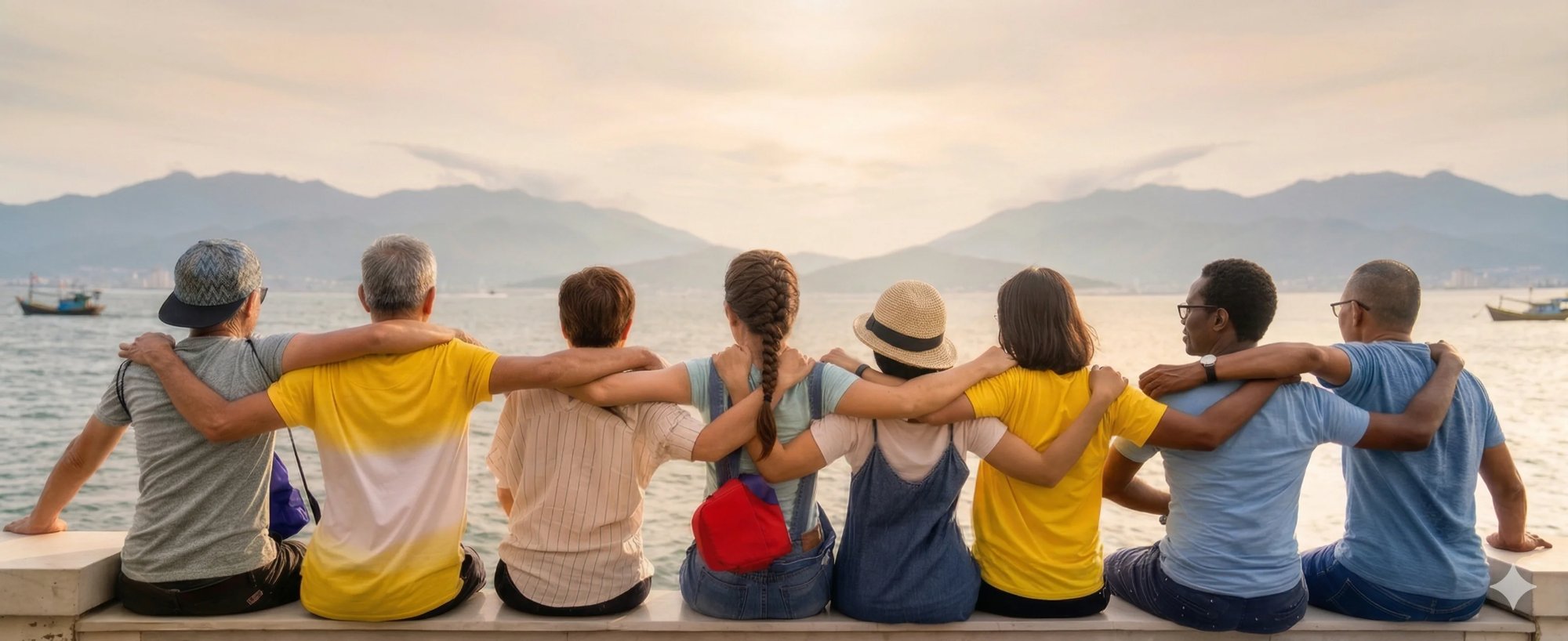 Diverse group of friends sitting together facing the future